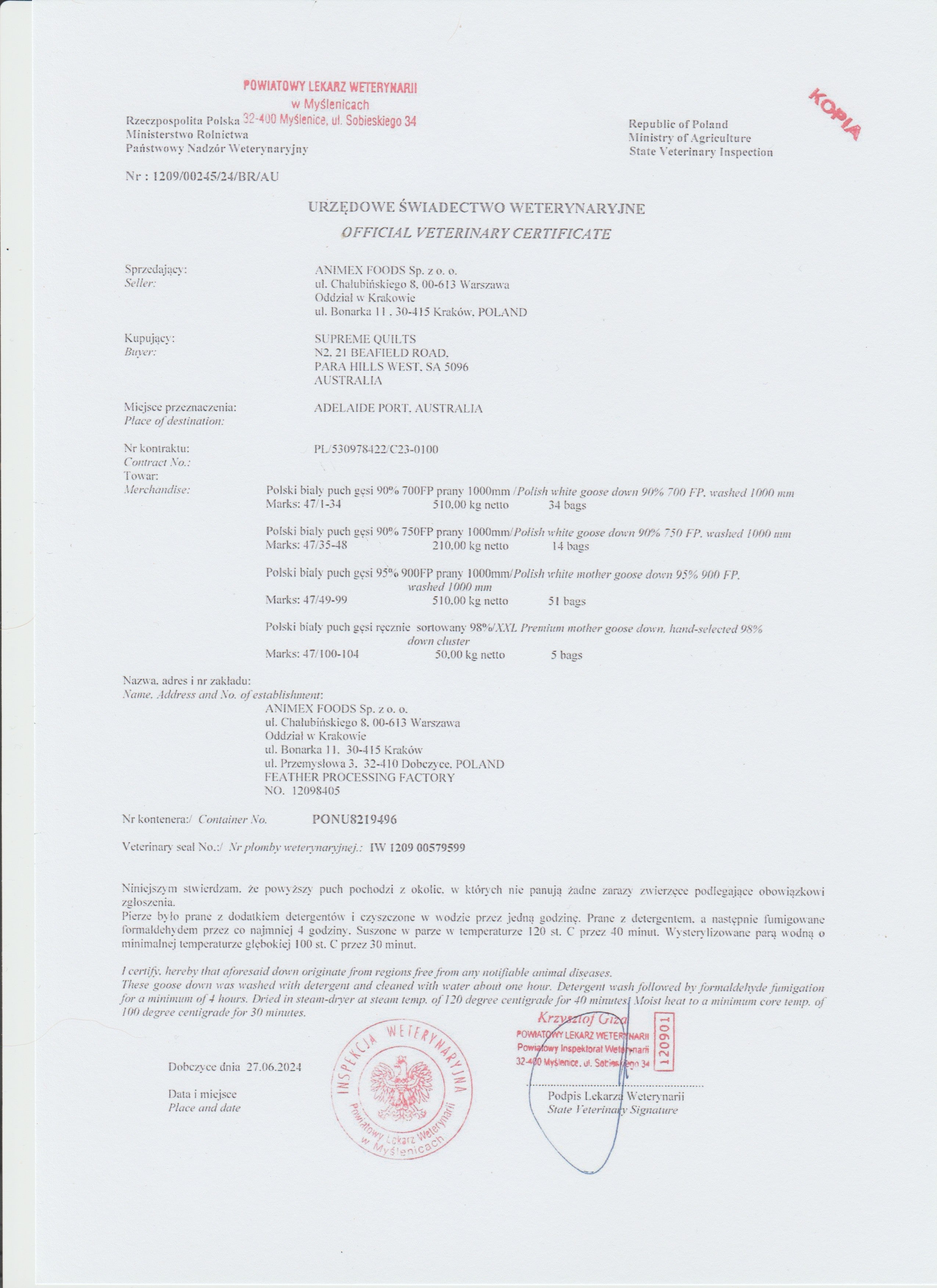 Veterinary health certificate showing pet vaccination records, health check details, and official vet endorsement for travel clearance.