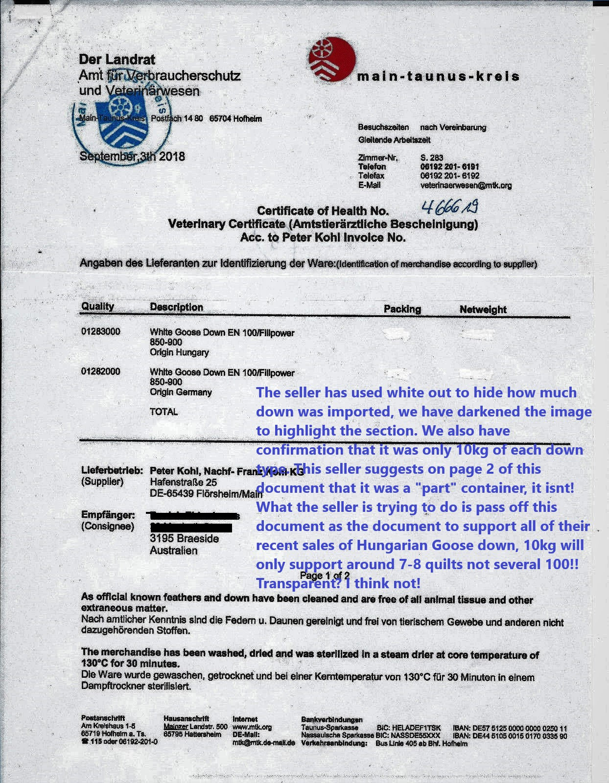 More misleading documents from a Melbourne down quilts and plllows manufacturer