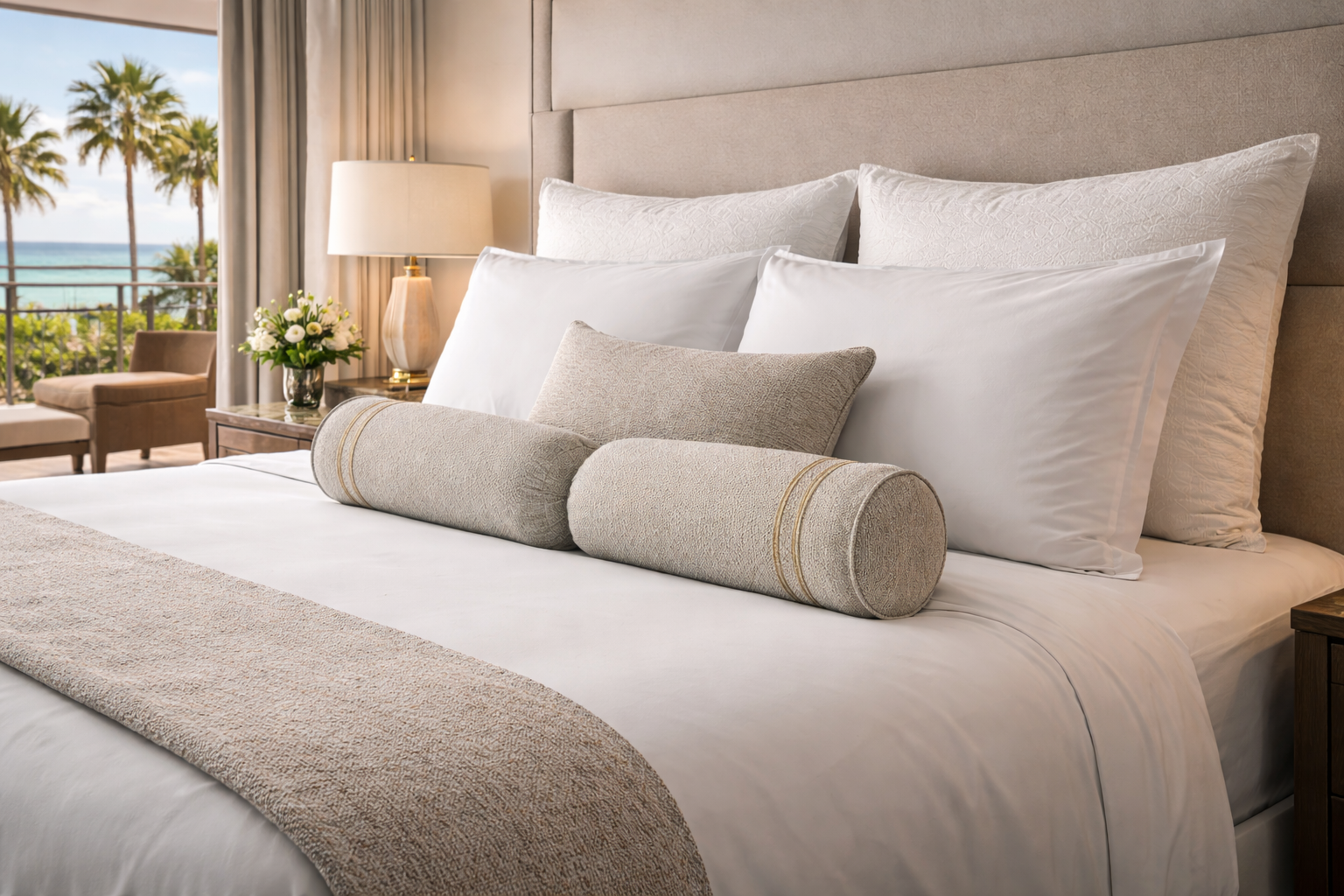 A luxury hotel 3-layer pillow style implemented onto a US King Size bed in California. European down pillows against the headboard, US King Size Pillows in the middle, a Standard Size pillow in the front with 2 bolsters