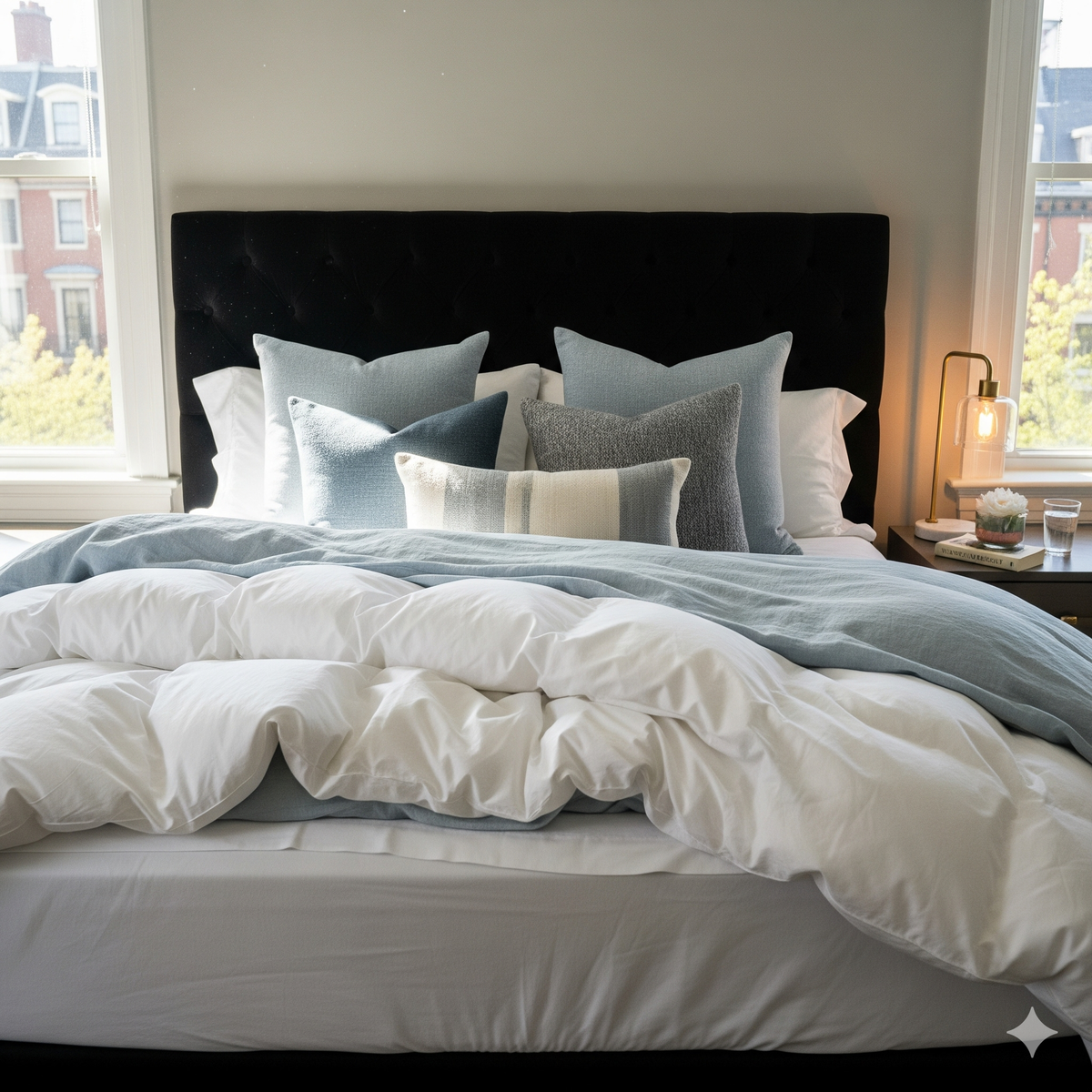 White down duvet and blue-grey pillows on a black tufted bed in a sunlit Boston brownstone bedroom