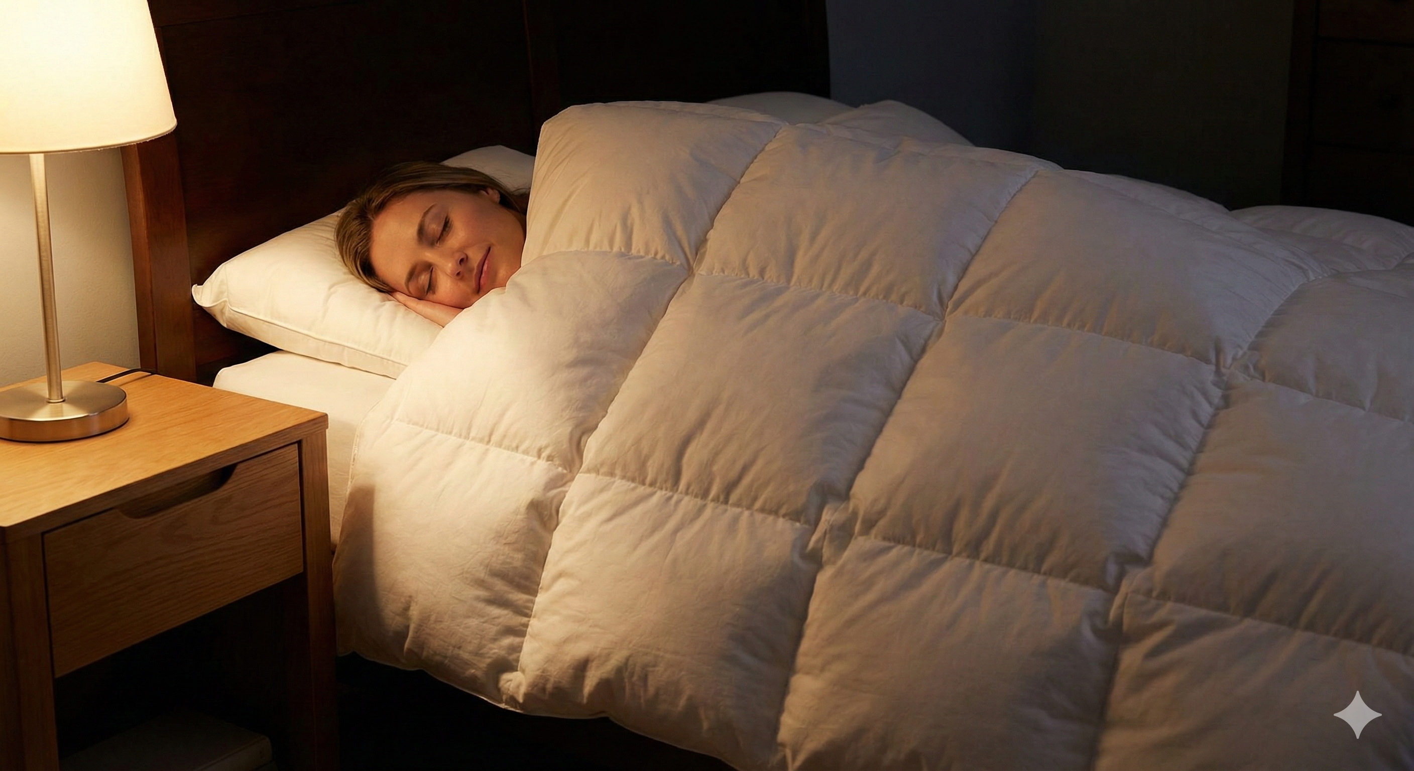 a woman in deep sleep under a baffle boxed luxury duck down quilts sourced from Poland made by Supreme Quilts in Australia