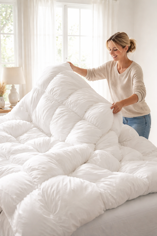 fluffing goose down duvet after washing shaking and sunlight