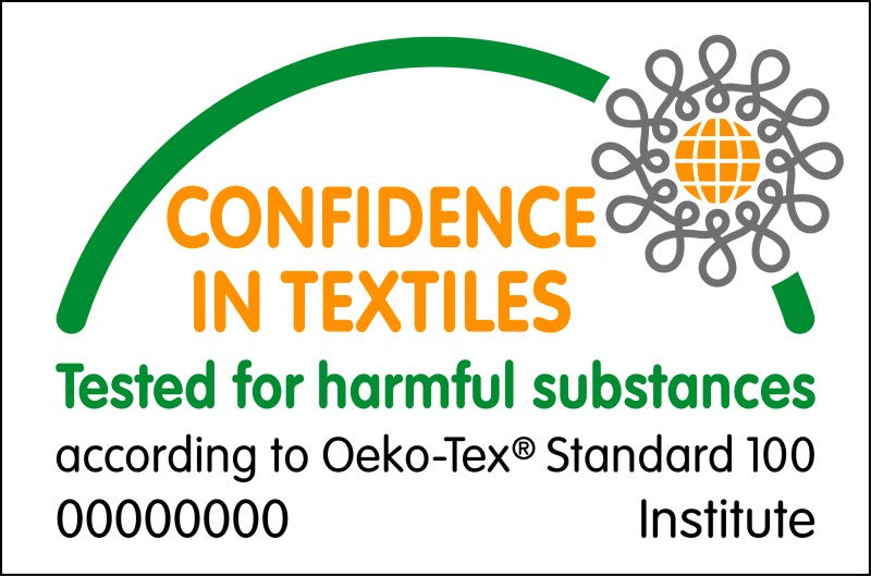 Confidence in Textiles label displaying OEKO-TEX® certification, indicating products tested for harmful substances and safe for human use
