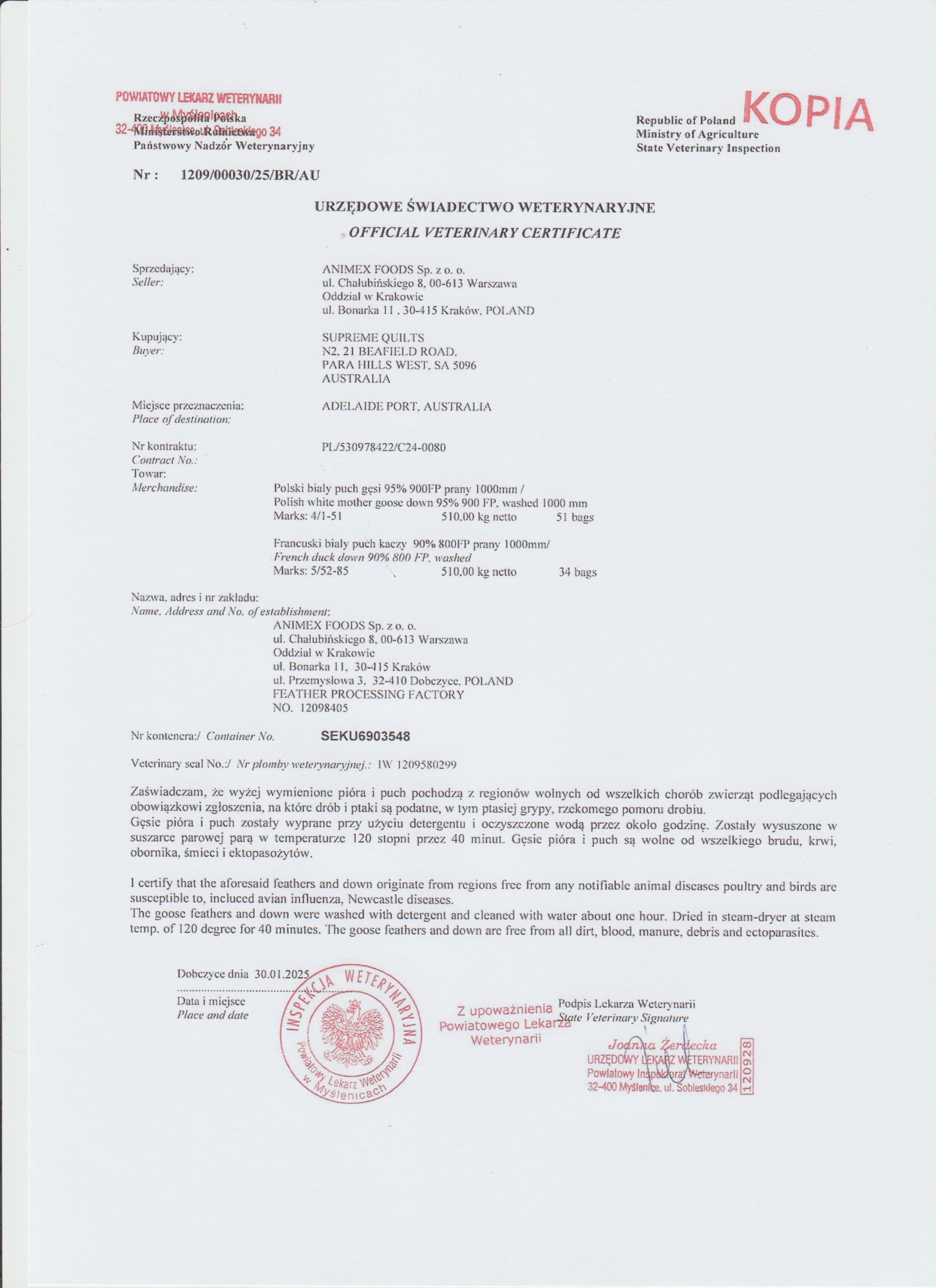 Certified Clean: Supreme Quilts Veterinary Health Document 